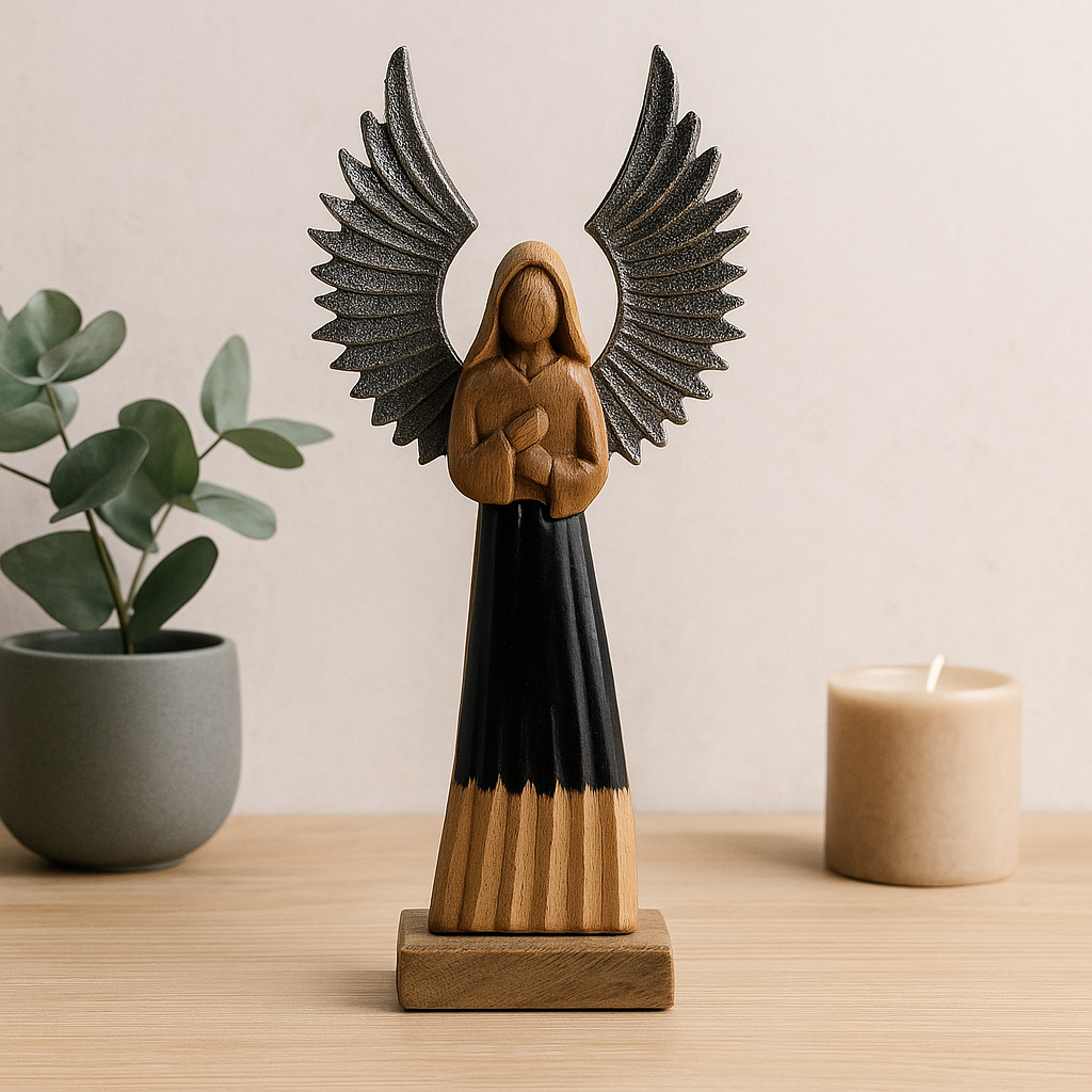 Hand-Carved Mango Wood Guardian Angel Statue, Metal Wings