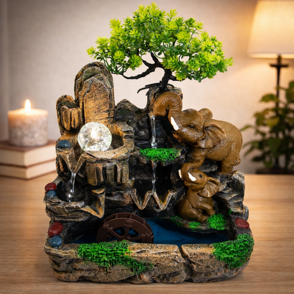 Stolná vodná fontána Slony v láske s krištáľovou guľou, svetlom a vodným mlynom (30x20x35cm)