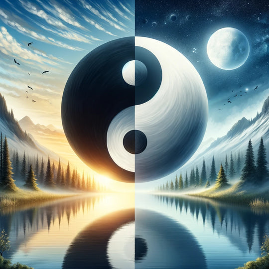 Yin Yang, the Taoist symbol of balance, set in a serene flowing landscape