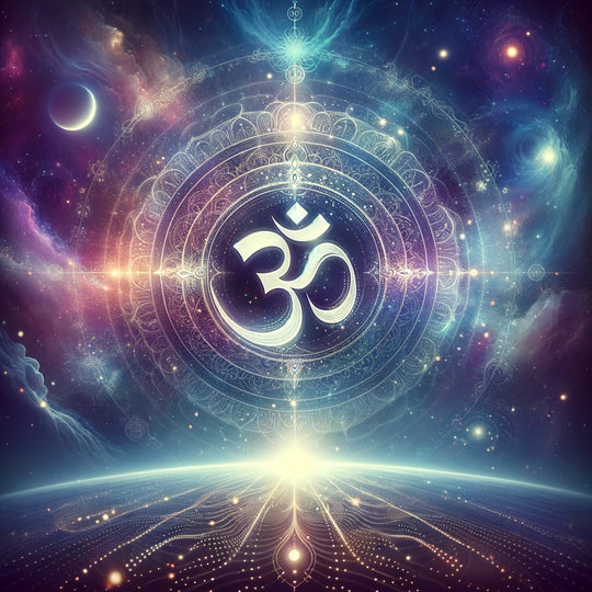 Om symbol, the sacred sound of the universe, on a backdrop of cosmic harmony