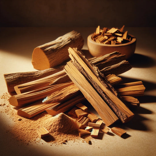 Madera de Palo Santo en forma de palitos naturales, astillas y polvo molido, dispuestos sobre una superficie de madera