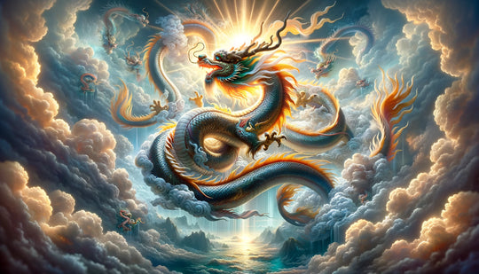 Der Himmelsdrache Tiān lóng, der durch die Wolken schwebt, als himmlischer Wächter und Bringer von Regen und Donner