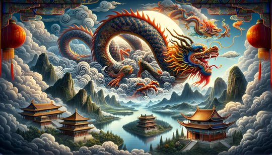 Chinesischer Drache, Symbol für Macht und Glück, der sich durch Wolken über Bergen, Flüssen und alten Tempeln windet