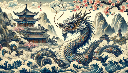 Gütiger chinesischer Drache, lóng, gemalt im klassischen traditionellen Kunststil mit kunstvoll ausgearbeiteten Schuppen und wehenden Schnurrhaaren