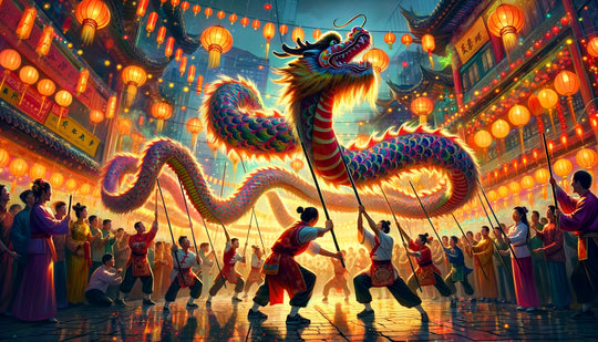 Darsteller tragen einen langen chinesischen Drachen auf Stangen während einer Drachentanzvorführung zum chinesischen Neujahr