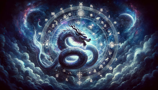 Mystischer chinesischer Drache, verflochten mit Symbolen des Tierkreises und der Astrologie, das einzige mythische Zeichen des chinesischen Tierkreises