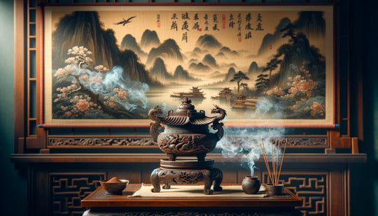 Hand-carved wooden Chinese incense burner with curling smoke in a tranquil, traditional setting