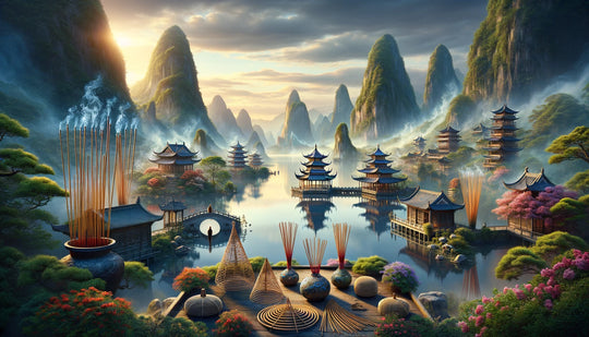 Serene Chinese landscape evoking the heritage of incense, soft smoke drifting over a temple at dawn