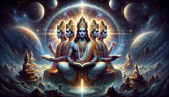 A serene illustration of the four-faced Hindu creator god Brahma against a cosmic backdrop