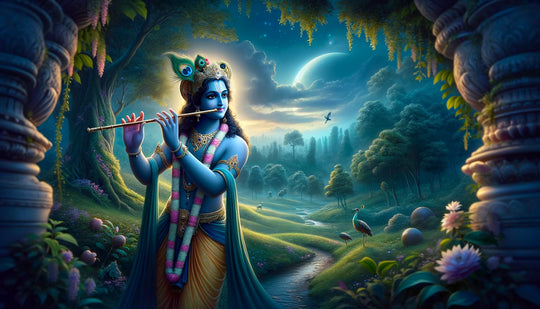 Krishna the Hindu god of love playing his flute in the idyllic green landscapes of Vrindavan