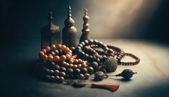 Perle da preghiera di diverse tradizioni religiose disposte per mostrare il cordoncino, le perle distanziatrici, la perla segnaposto e il nappa