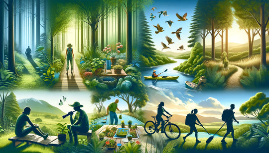 Un paisaje verde y apacible con un sendero y agua, donde la terapia de naturaleza y la ecoterapia actúan como prácticas espirituales de conexión con el presente durante la recuperación