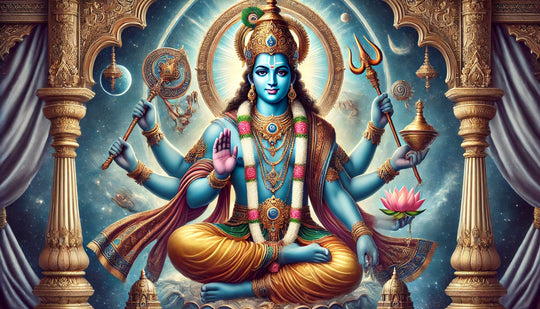 Illustrazione della tradizione induista del digiuno dell’Ekadashi, con immagini del dio Vishnu che ne evocano il significato storico e culturale