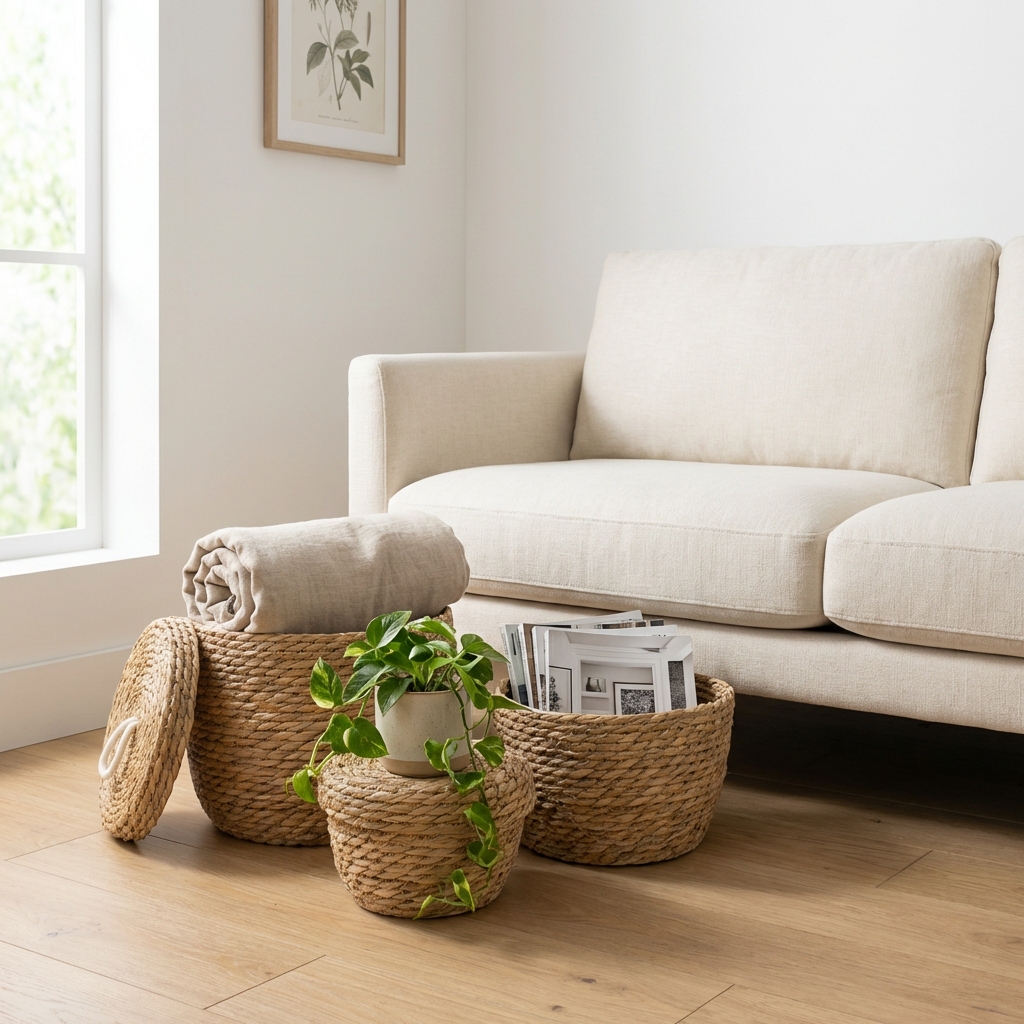 Meriheinä- ja puuvillapyöreät korit kansilla – luonnollinen – 3 kappaleen setti