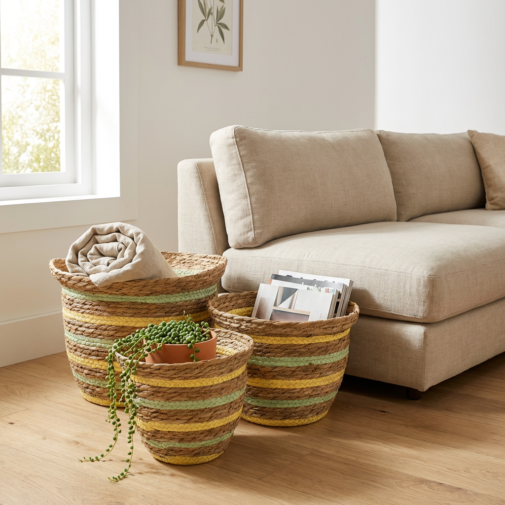 Meriheinä- ja olkikori maljakon muotoisina – luonnollinen keltainen ja vihreä – 3 kappaleen setti