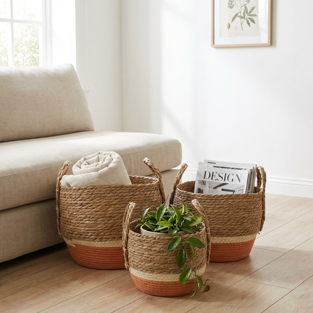 Veľké koše z trstiny a morskej trávy – prírodné a oranžové – sada 3 kusov