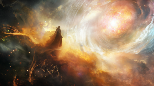 Artwork of a Kundalini awakening, energy rising through the seven chakras along the spine towards heightened awareness