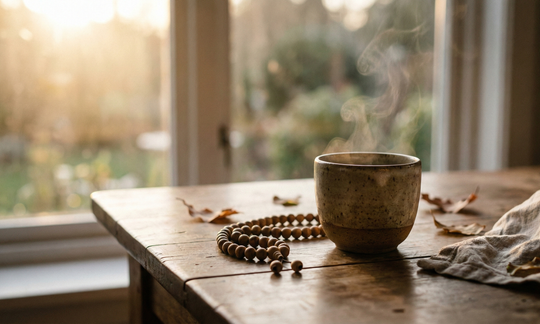 En langsom morgenritual stilleben med te, en flaske æterisk olie og et stenværktøj til ansigtet i blødt naturligt lys