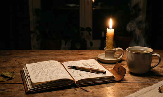 Et aftenritual med journaling ved stearinlys med en håndlavet notesbog, røgelse og et alterklæde