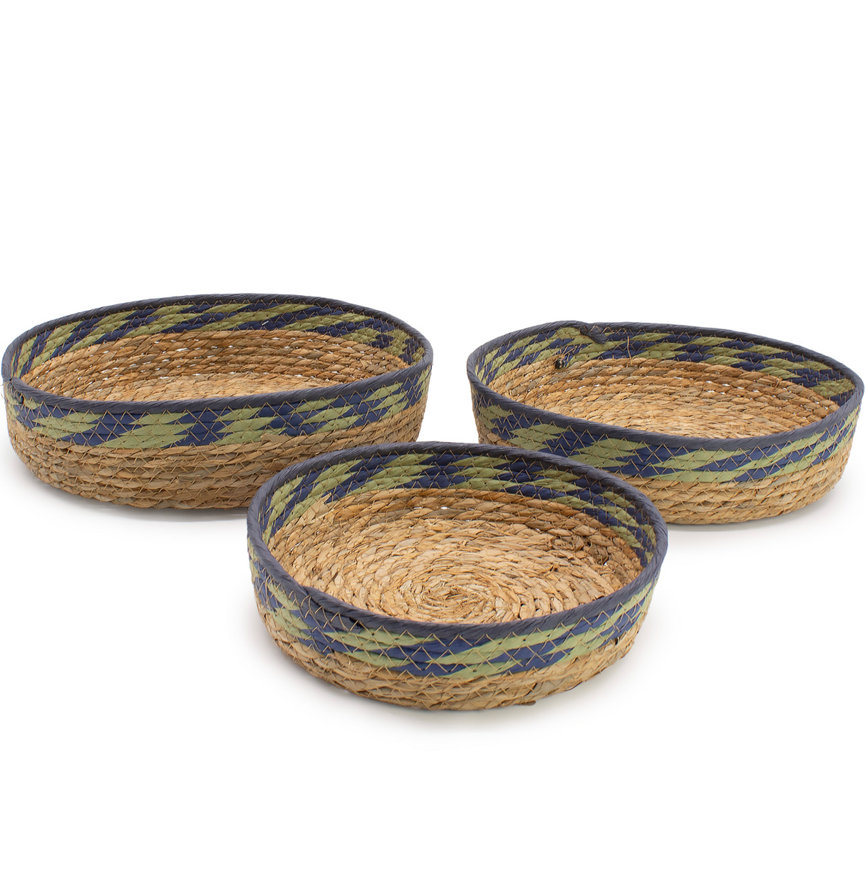 Straw Seagrass Tray Baskets Natural Green Blue Set Of 3