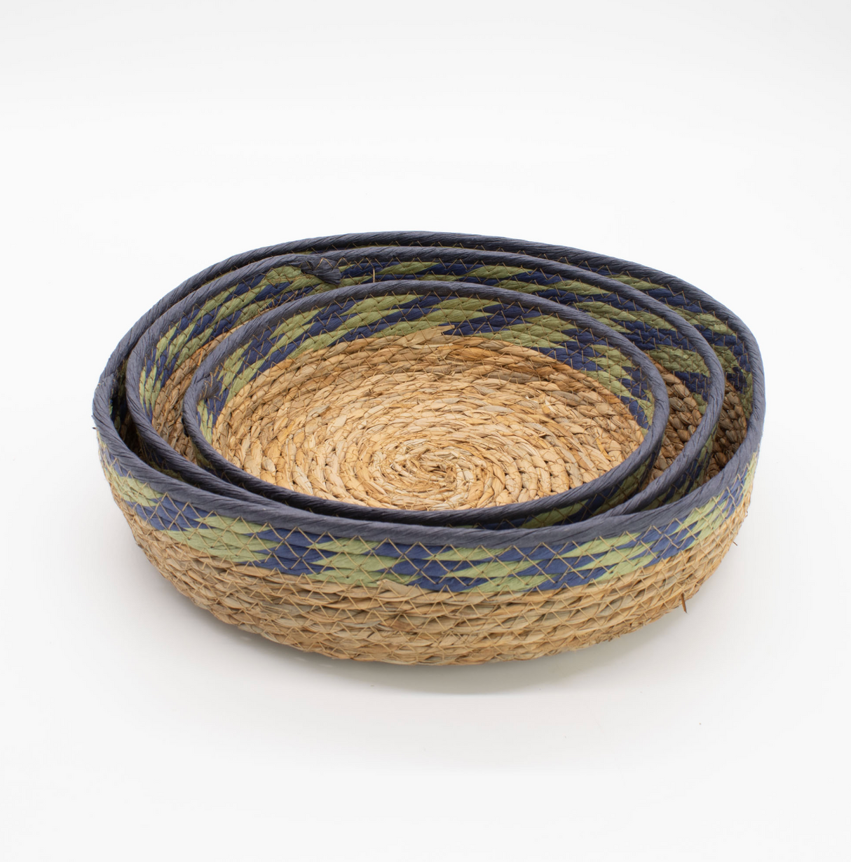 Straw Seagrass Tray Baskets Natural Green Blue Set Of 3