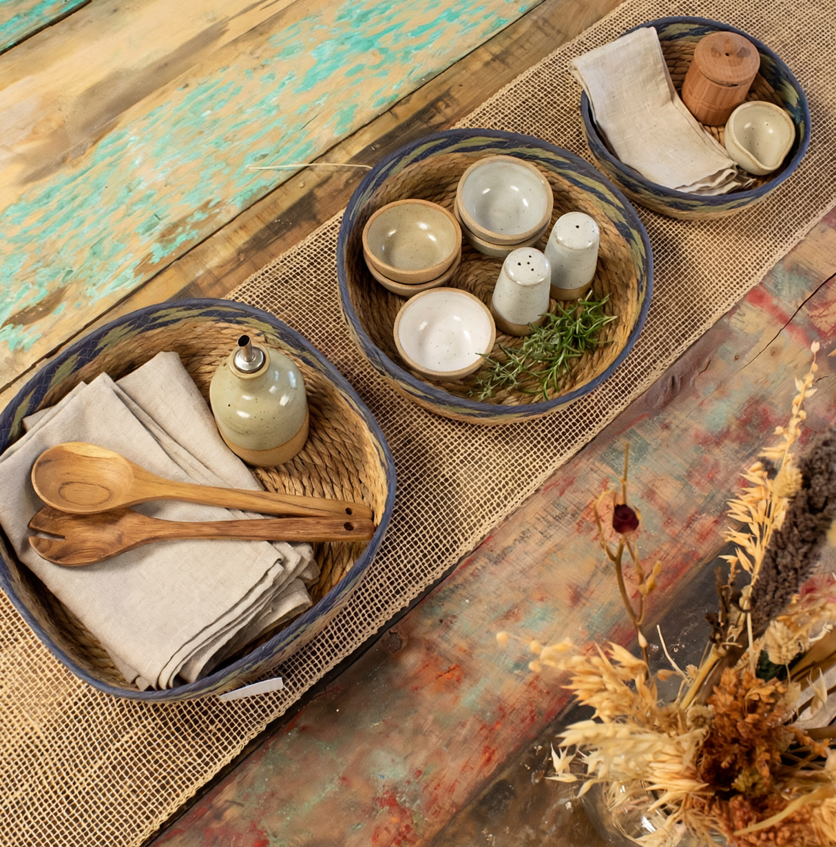 Straw Seagrass Tray Baskets Natural Green Blue Set Of 3