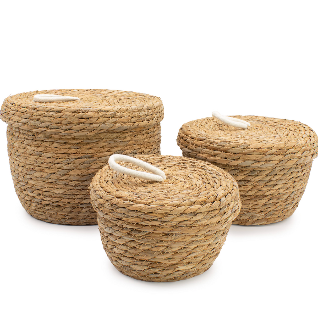 Seagrass Cotton Round Baskets With Lids Natural Set Of 3