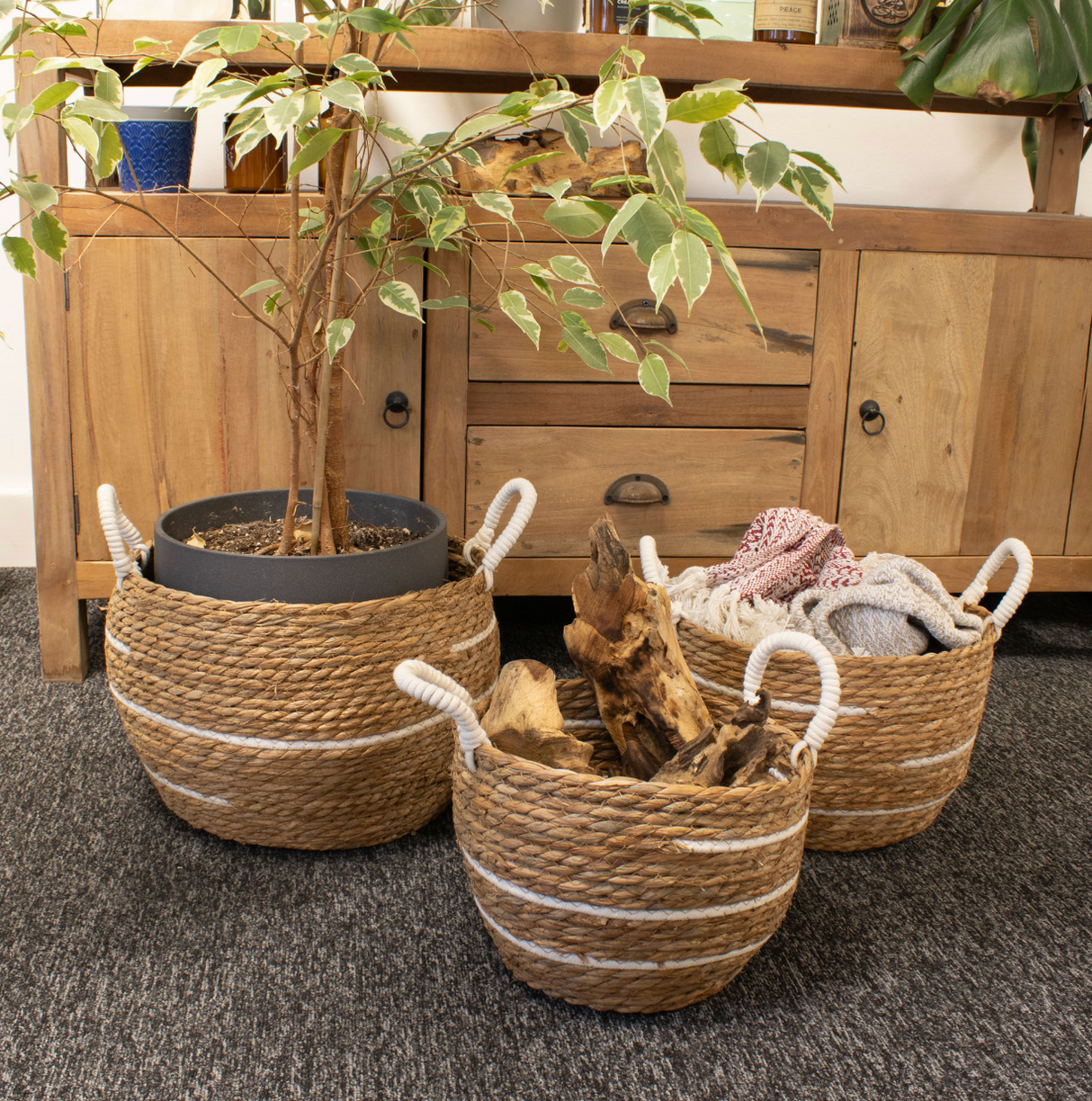 Cotton Seagrass Large Baskets Natural Stripes Set Of 3