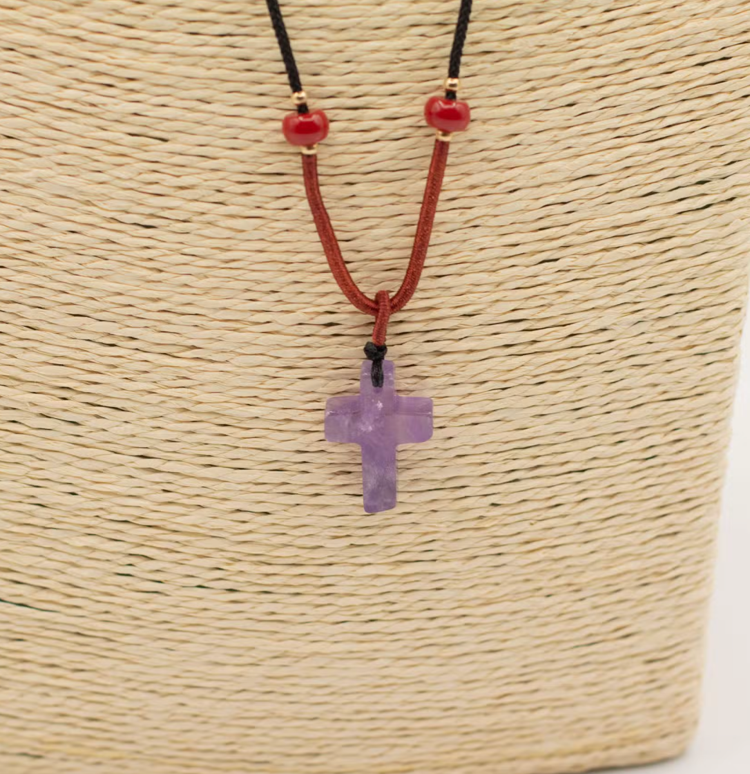 Cord Necklace Gemstone Pendant Amethyst Cross