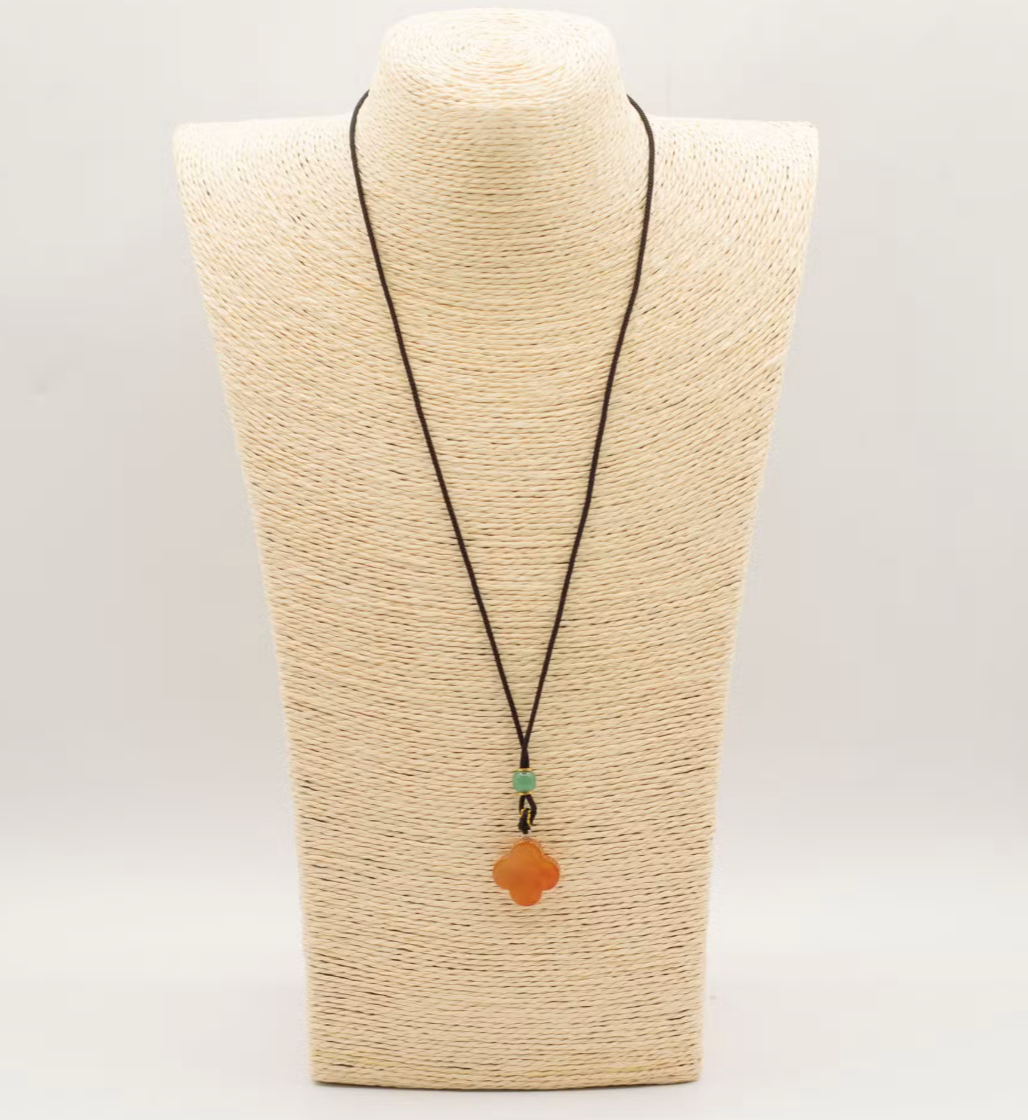 Cord Necklace Gemstone Pendant Red Jade Clover