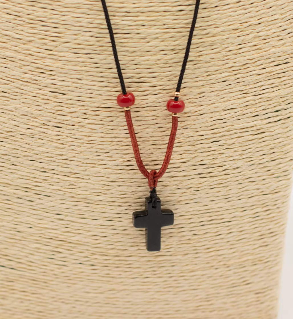 Cord Necklace Gemstone Pendant Black Agate Cross