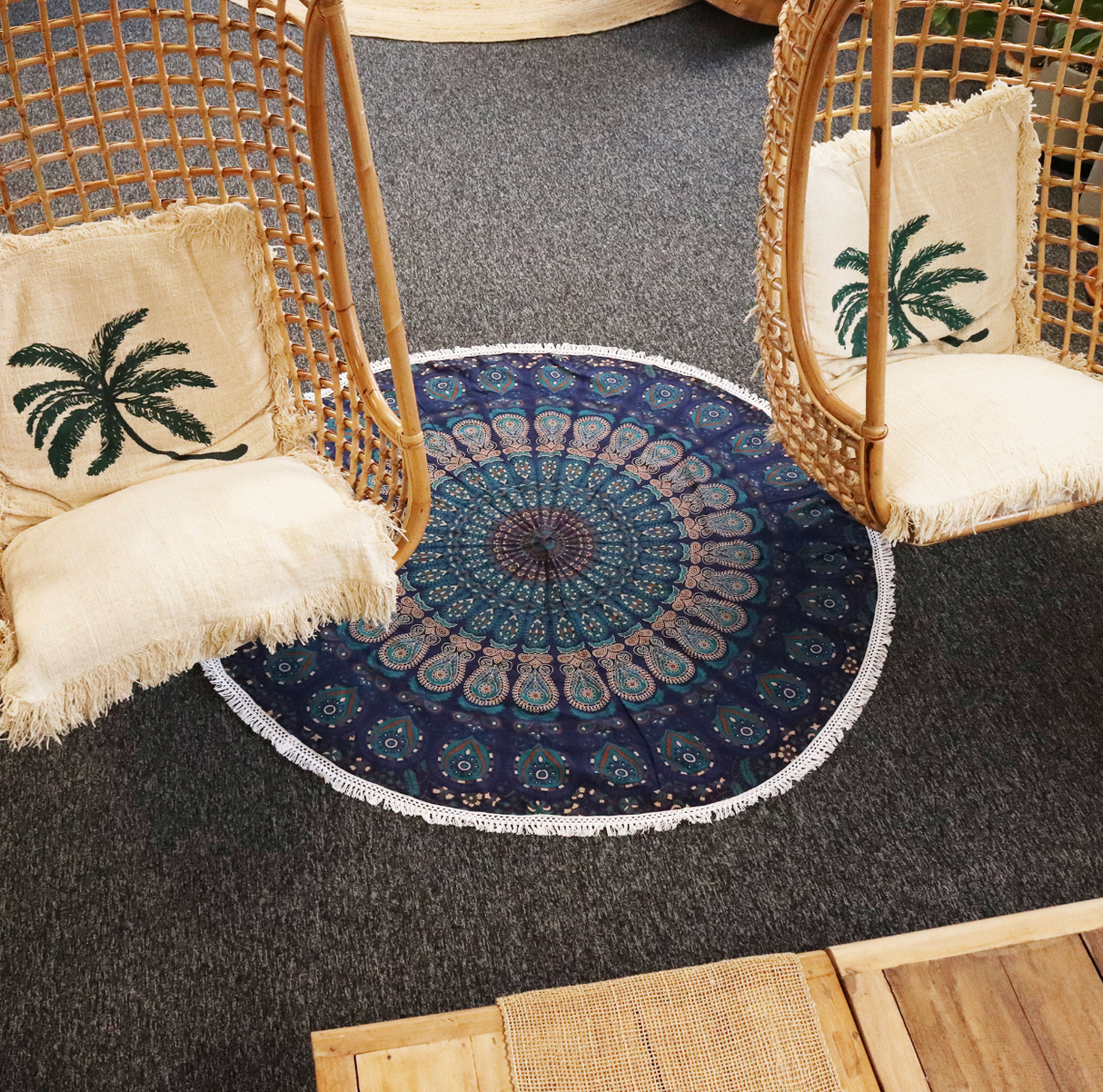 Small Mandala Roundie Cotton Art 130Cm Peacock Blues