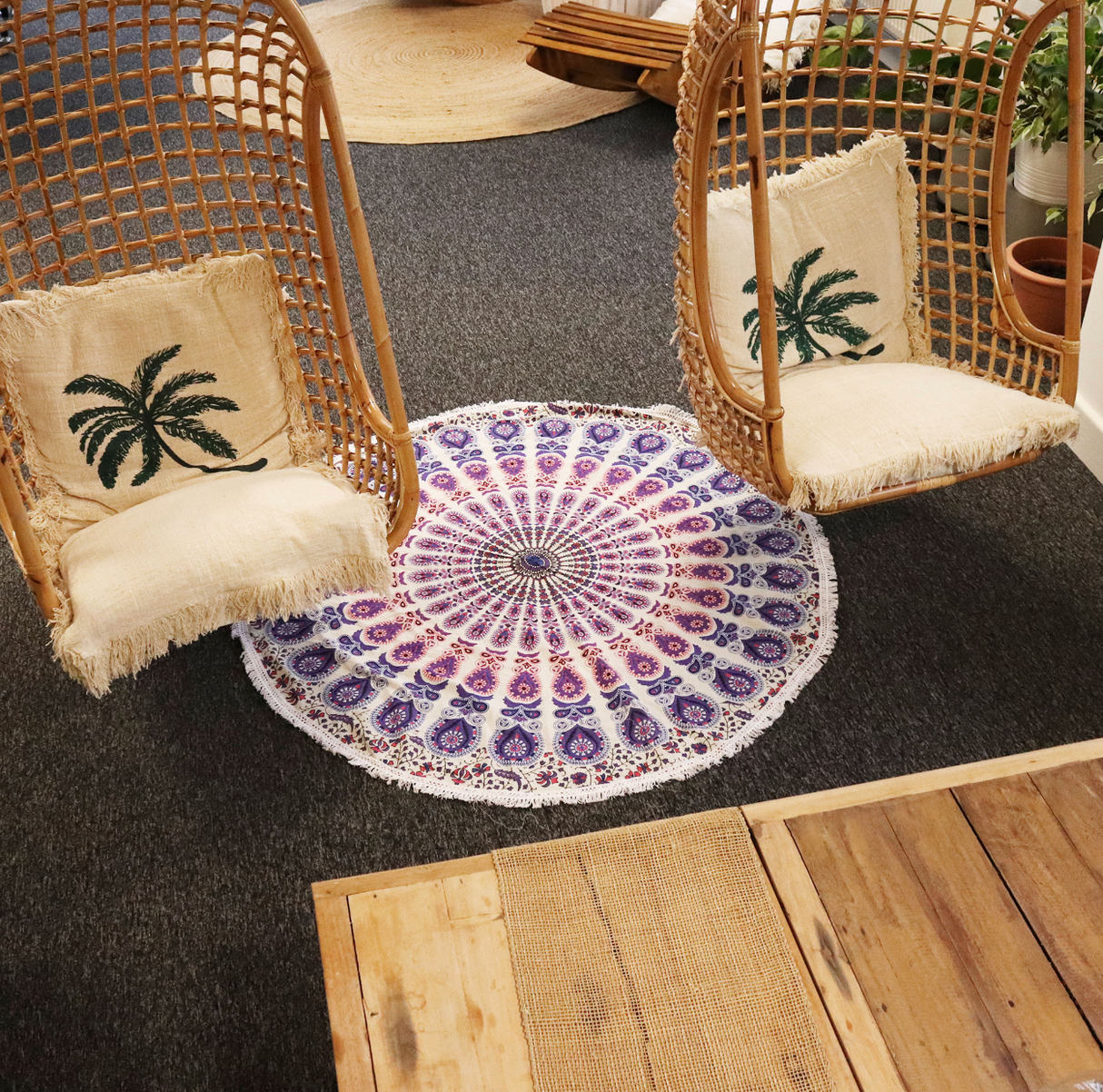 Small Mandala Roundie Cotton Art 130Cm Peacock Purples