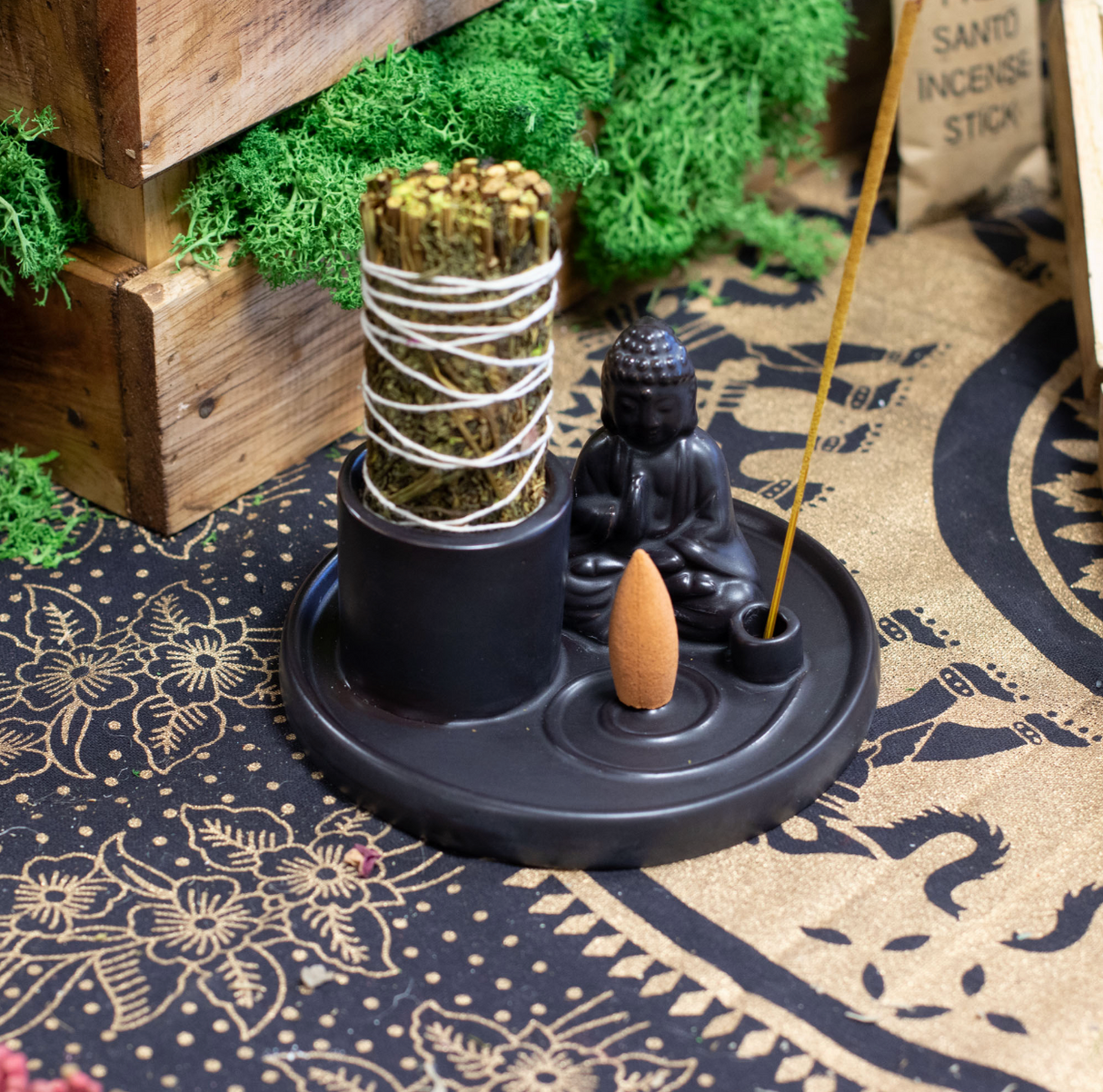 Multi Purpose Buddha Incense Plate Ceramic Matt Black