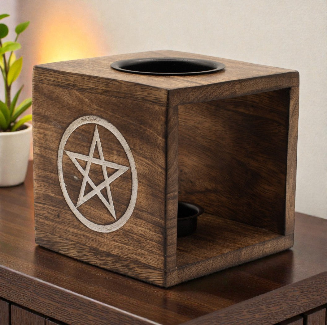 Large Square Mango Wood Oil Burner- Pentagon, Oil Burners