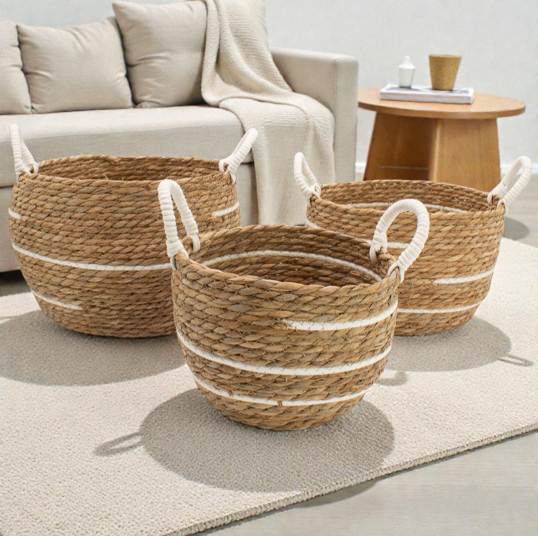 Cestas grandes de algodón y hierba marina – Rayas naturales – Juego de 3