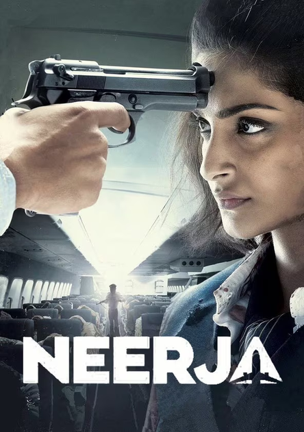 Ilustrovaný záber z filmu Neerja, zobrazujúci mladú indickú letušku počas napätého únosu lietadla podľa skutočnej udalosti