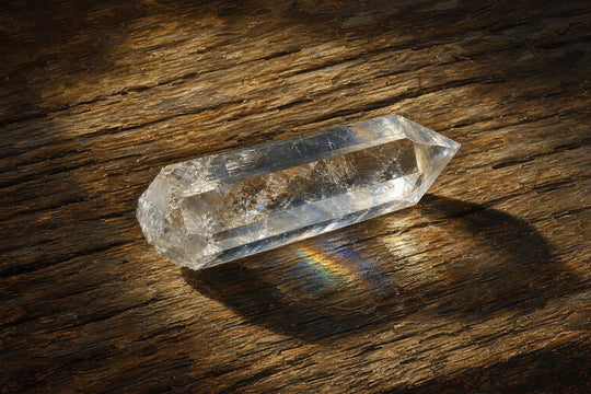 Ponta de cristal de quartzo transparente pousada sobre carvalho envelhecido sob a luz rasante da manhã, com o interior a captar um espectro ténue