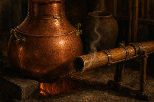 A copper deg still and bamboo pipe used in traditional Kannauj attār distillation, lit by firelight in a dim workshop