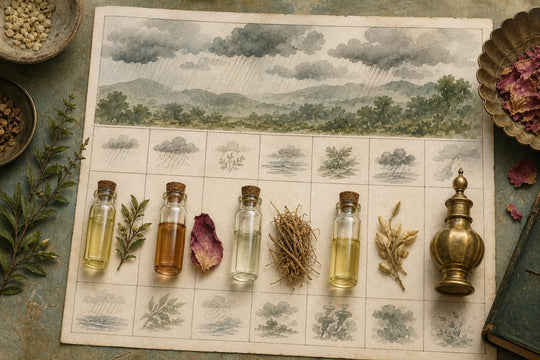Four attār vials arranged beside dried botanicals on a seasonal calendar page, illustrating the Indian tradition of scent by season