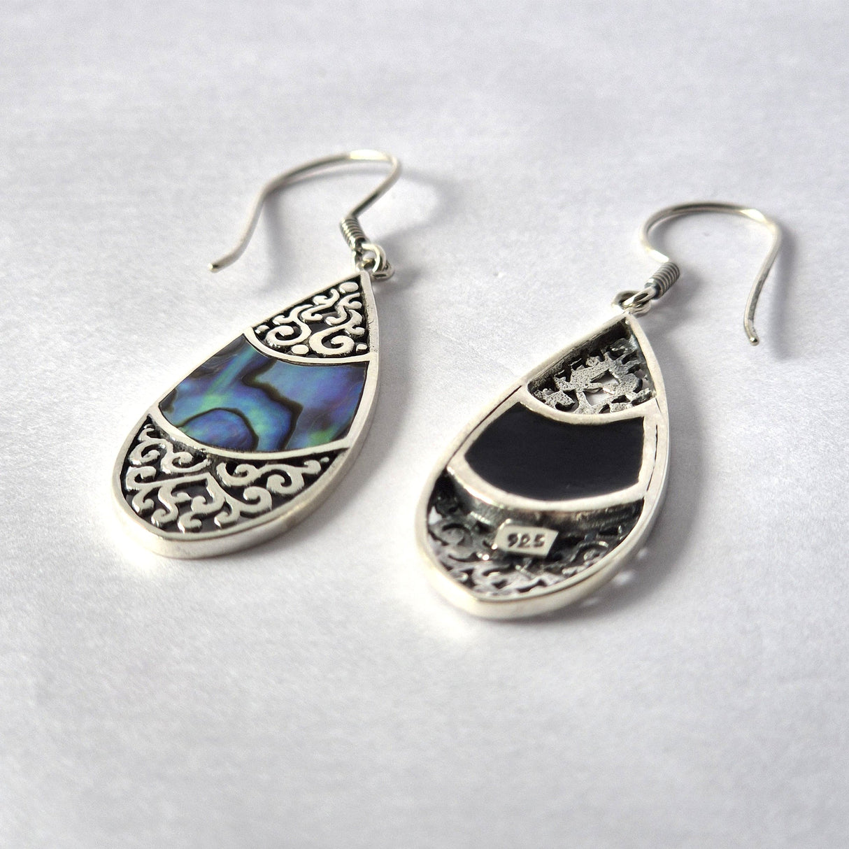 Shell & Silver Earrings - Teardrop Oval - Abalone - SHAMTAM.COM