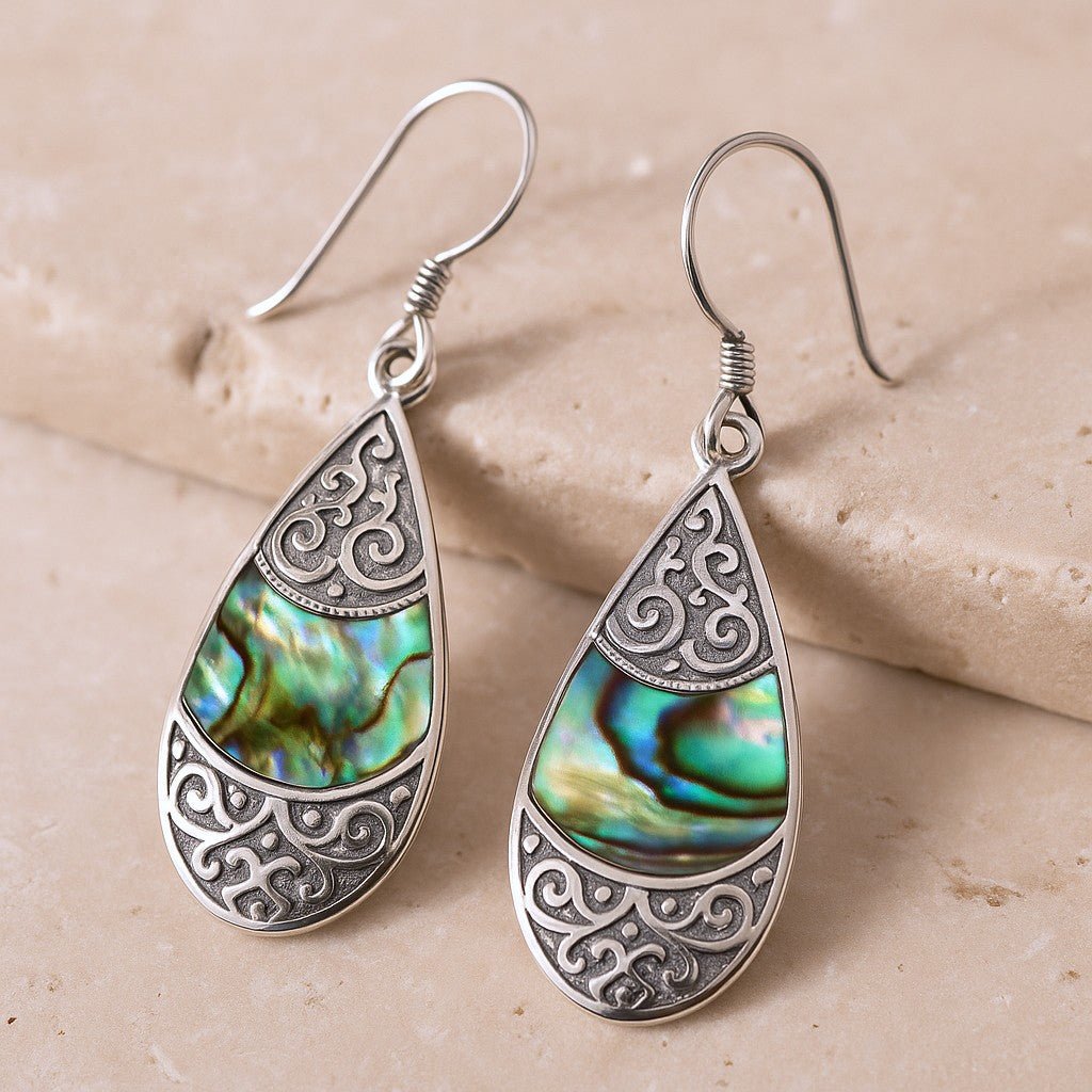 Abalone Shell Earrings Pair Silver Teardrop Oval - SHAMTAM.COM
