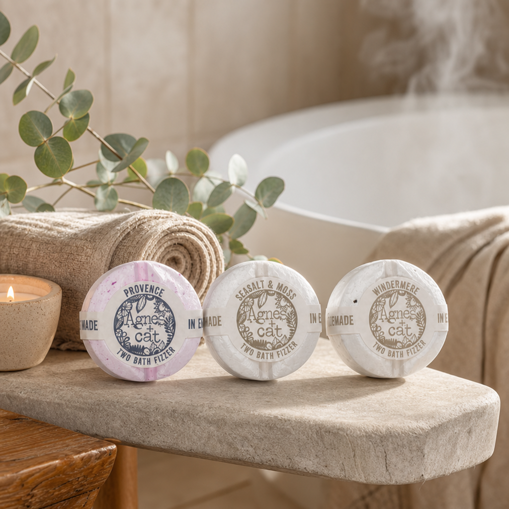Agnes + Cat Signature Fragrance Bath Fizzer Gift Set — styled in a warm, naturally lit interior