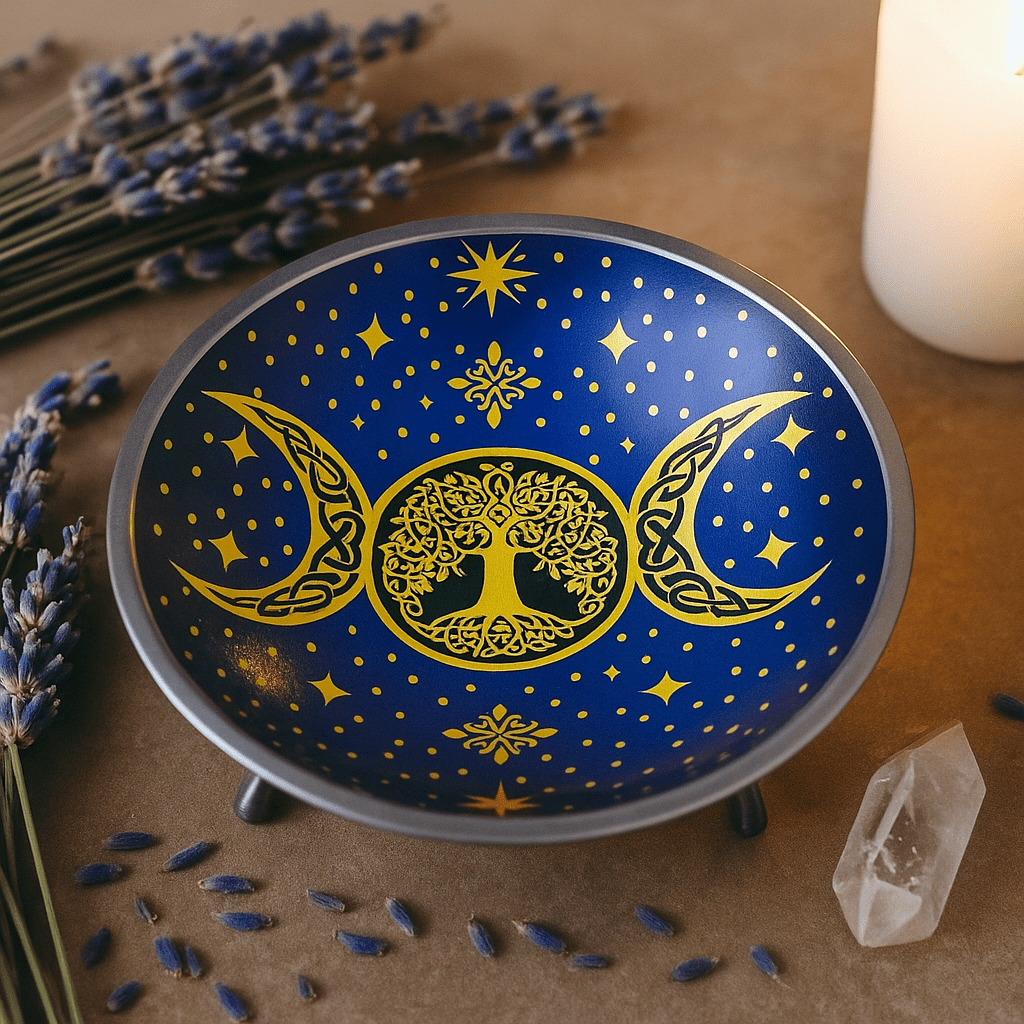Altar Offering Plate Enameled Purple Triple Moon Three - Legged - SHAMTAM.COM