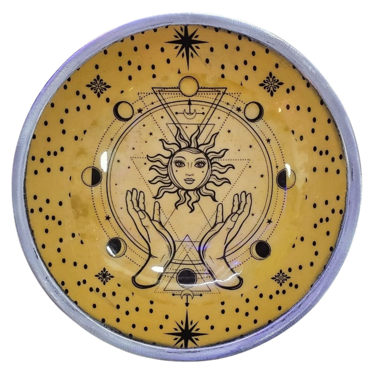 Altar Offering Plate Enameled Tripod Sun and Hands - SHAMTAM.COM