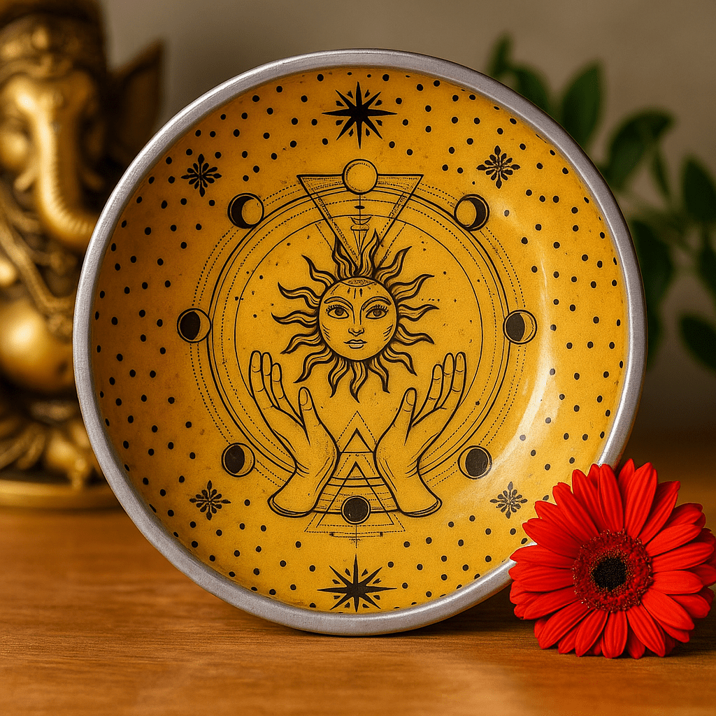 Altar Offering Plate Enameled Tripod Sun and Hands - SHAMTAM.COM