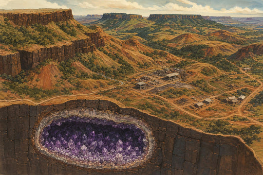 Gouache illustration of the Serra Geral plateau in Rio Grande do Sul showing basalt geology and amethyst geode formation in cross-section