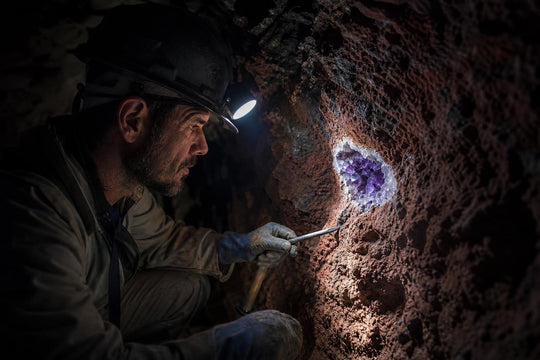 A geode embedded in the basalt wall of an amethyst mine tunnel in Ametista do Sul, lit by a miner's headlamp