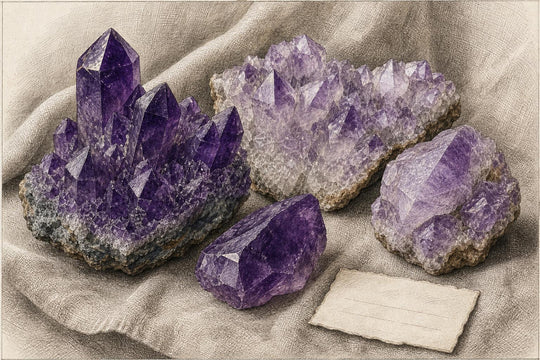 Raw amethyst crystals in Zambian and Brazilian varieties arranged on linen in cool natural light
