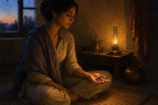 Person seated in meditation holding an amethyst stone with a brass oil lamp glowing softly in the background